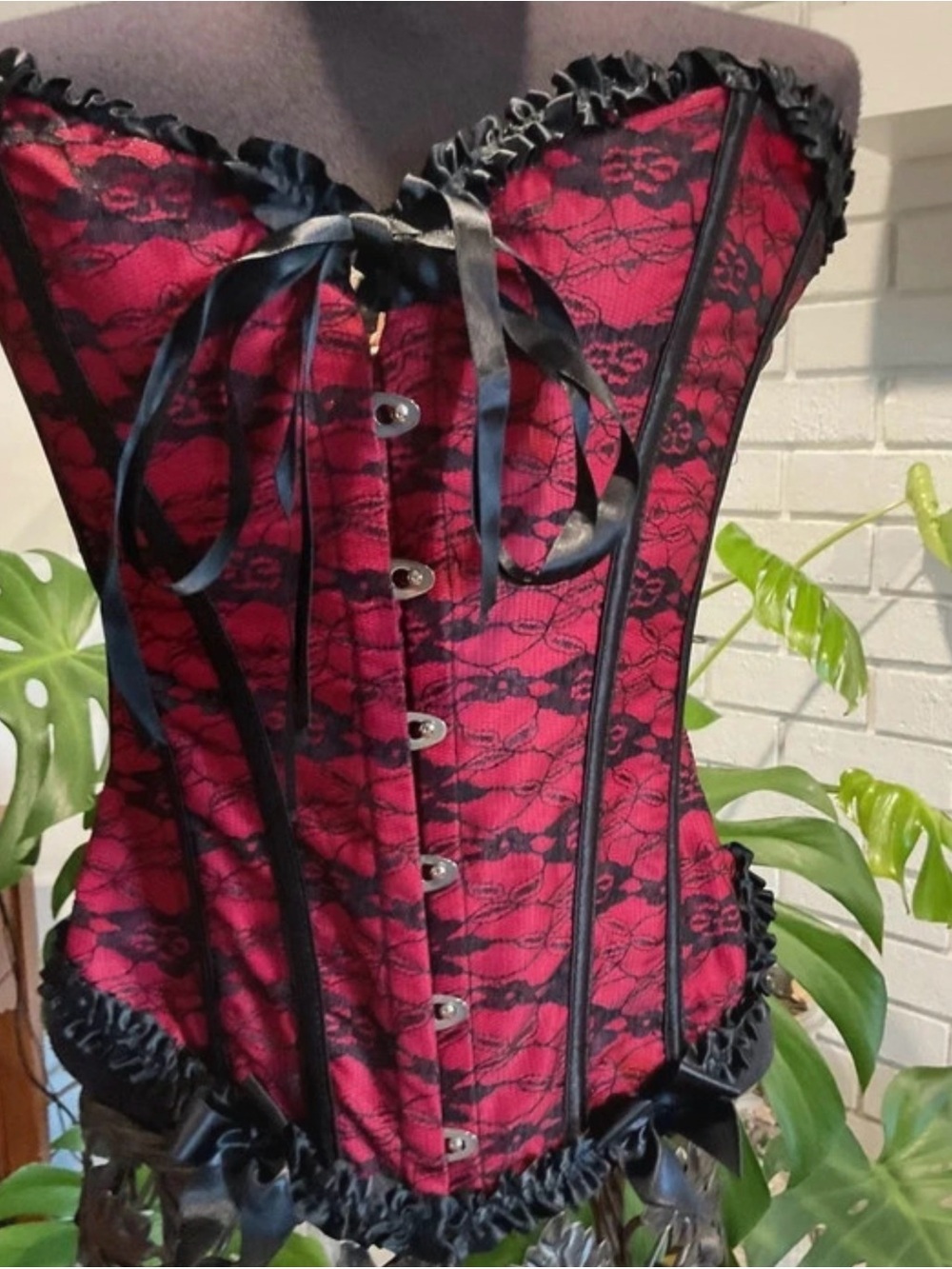 Red & Black Lace-Up Corset Top